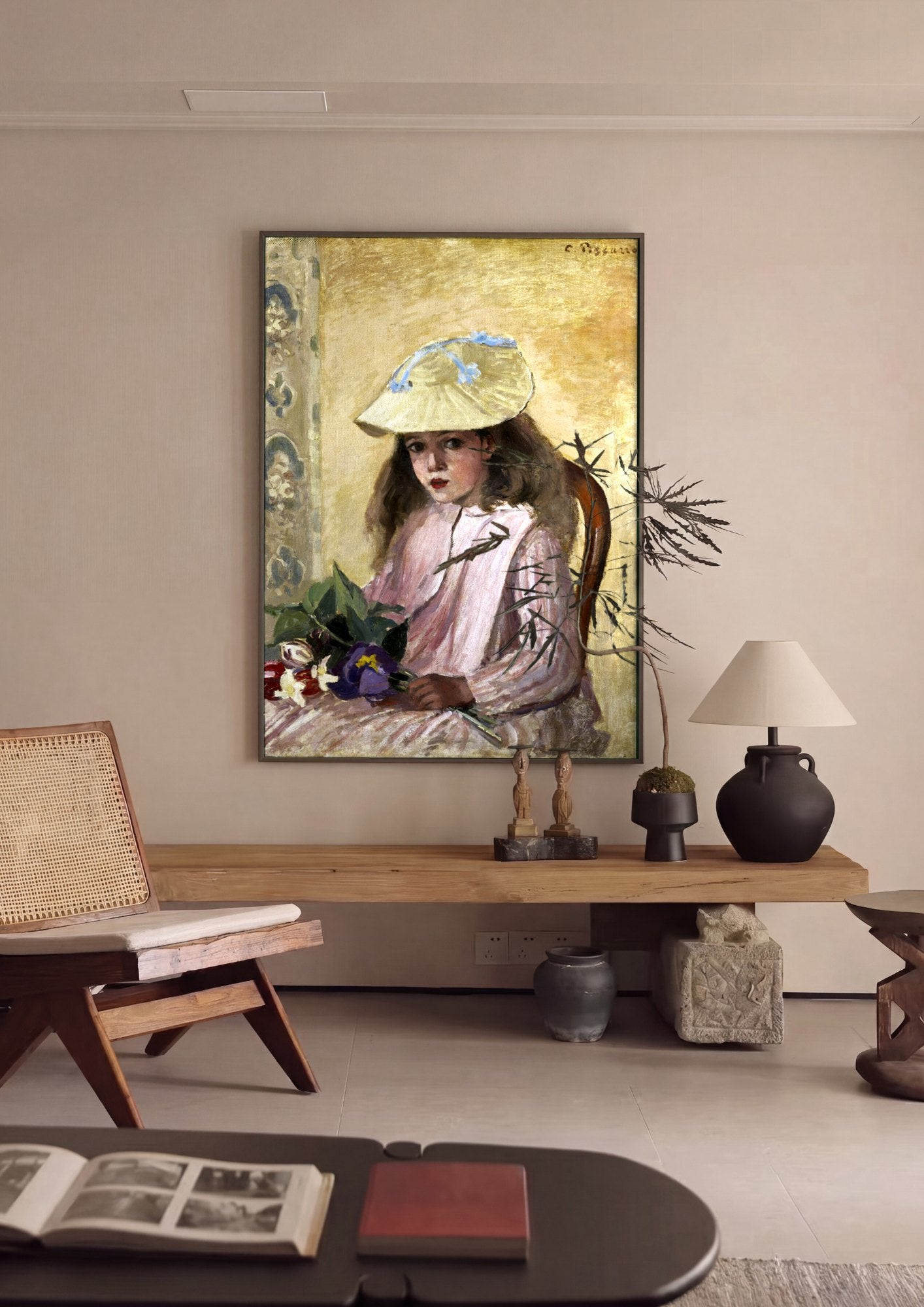 Quadro Decorativo A Menina do Chapéu de Palha com Flores - Pissarro | quadro emoldurado na parede