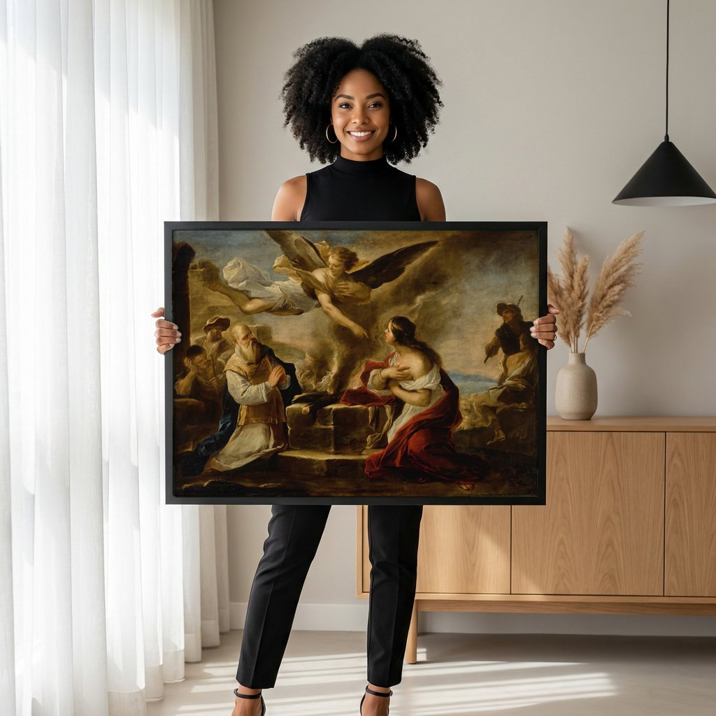 Quadro Decorativo A Anunciação a Manué e sua Esposa - Luca Giordano com modelo em ambiente