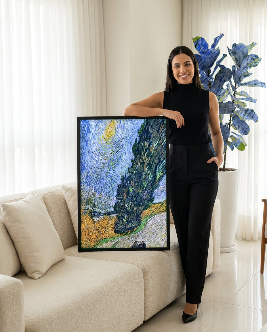 Quadro Decorativo Estrada com Cipreste e Estrela - Van Gogh com modelo em ambiente