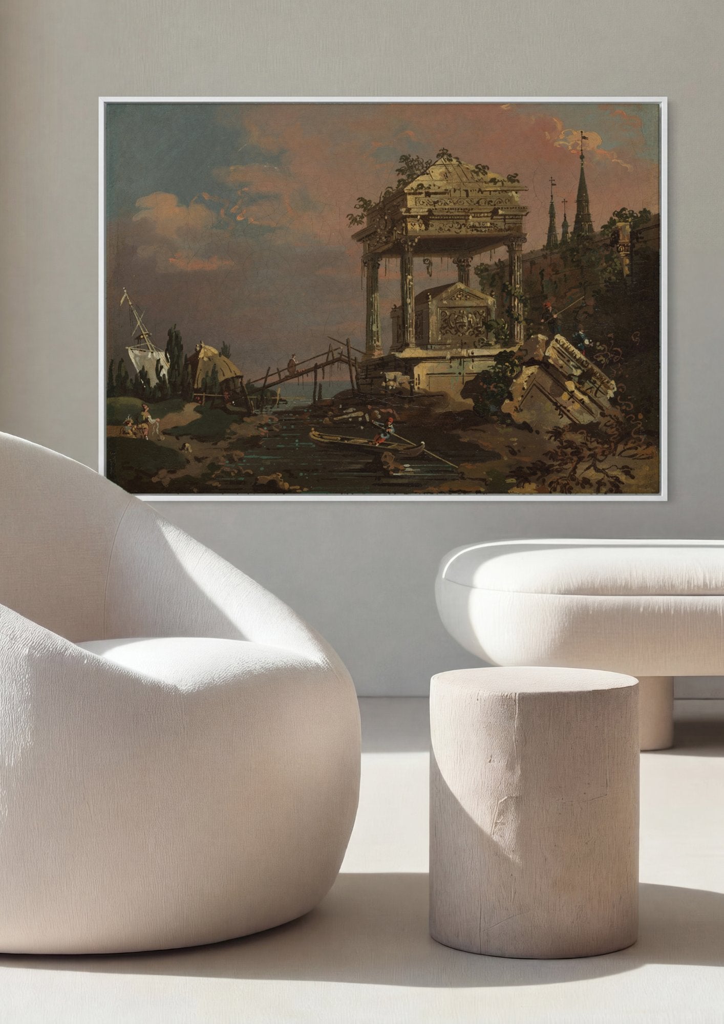 Quadro Decorativo Ruínas com Pirâmide e Barcos - Canaletto em ambiente decorado