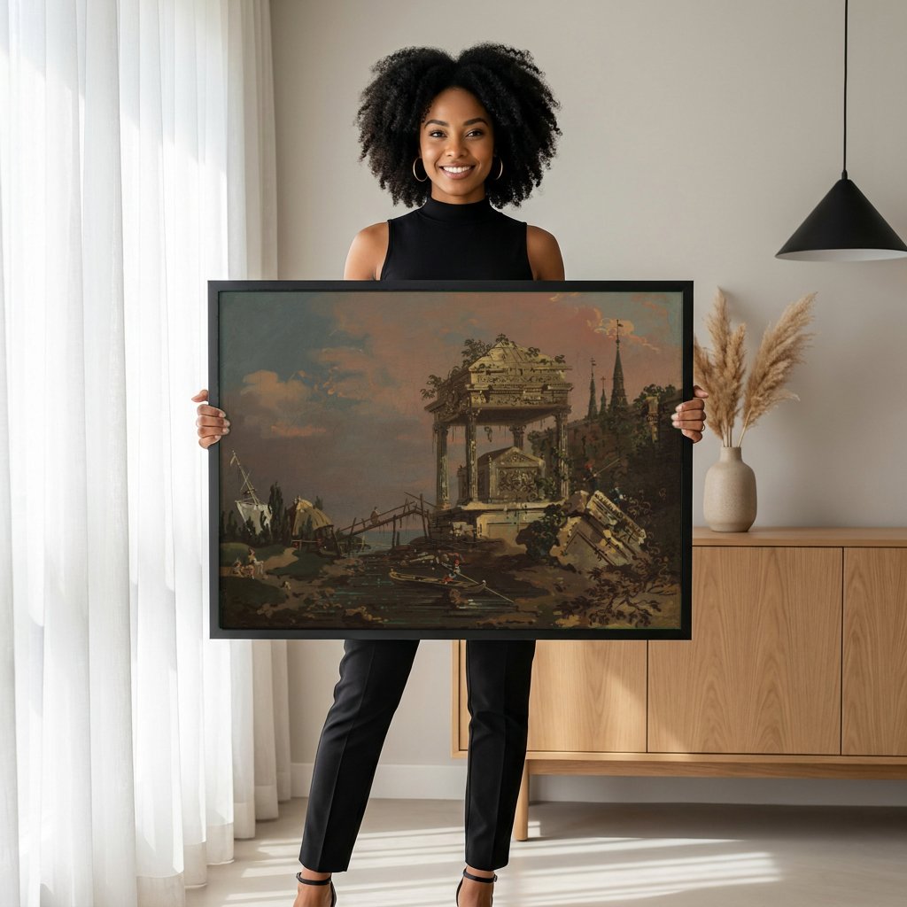 Quadro Decorativo Ruínas com Pirâmide e Barcos - Canaletto com modelo em ambiente