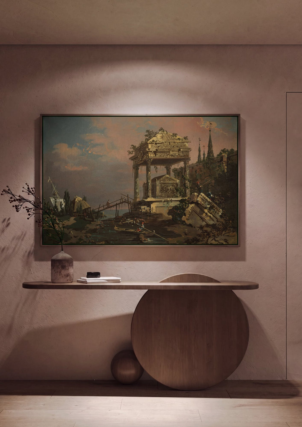 Quadro Decorativo Ruínas com Pirâmide e Barcos - Canaletto em ambiente decorado