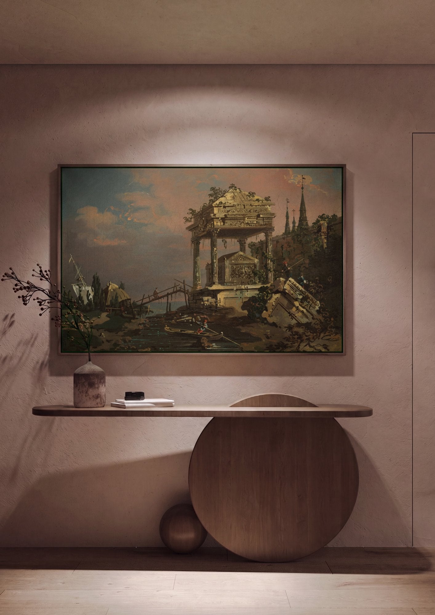 Quadro Decorativo Ruínas com Pirâmide e Barcos - Canaletto em ambiente decorado