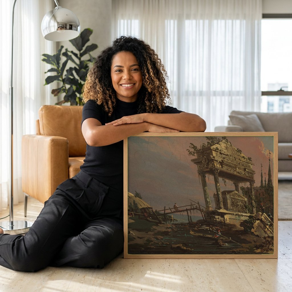 Quadro Decorativo Ruínas com Pirâmide e Barcos - Canaletto com modelo em ambiente