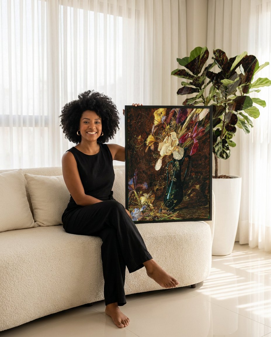 Quadro Decorativo Jarro com Íris - Marie Egner com modelo em ambiente