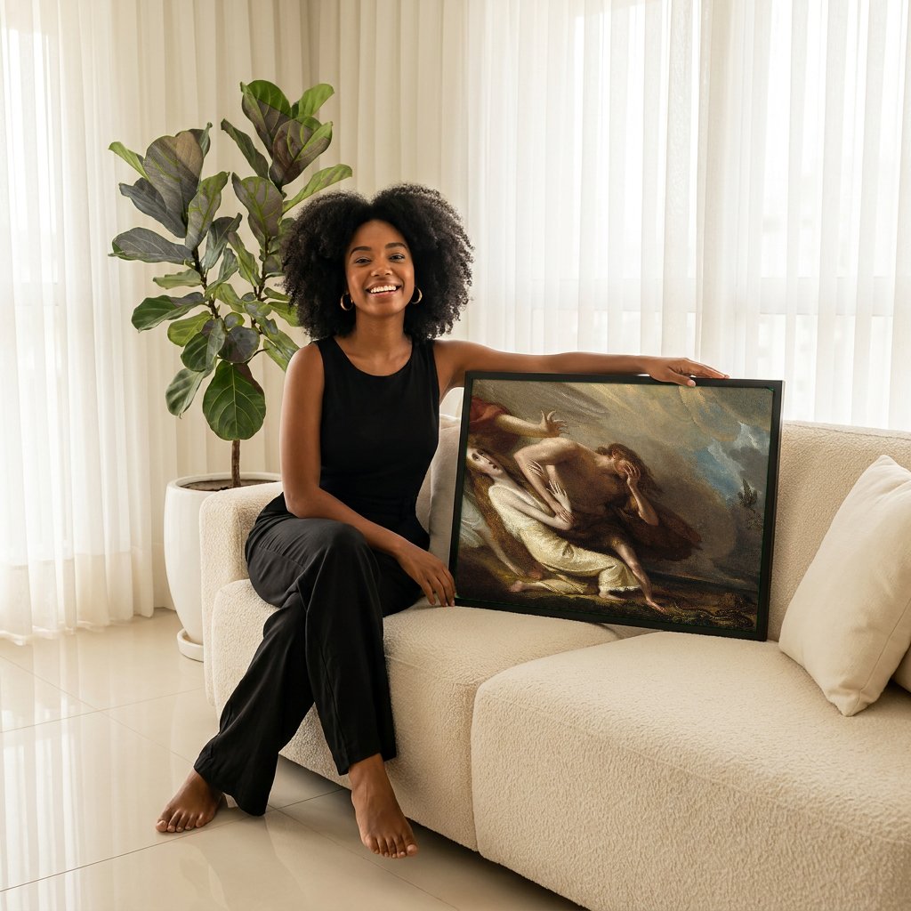 Quadro Decorativo A Expulsão de Adão e Eva - Benjamin West com modelo em ambiente