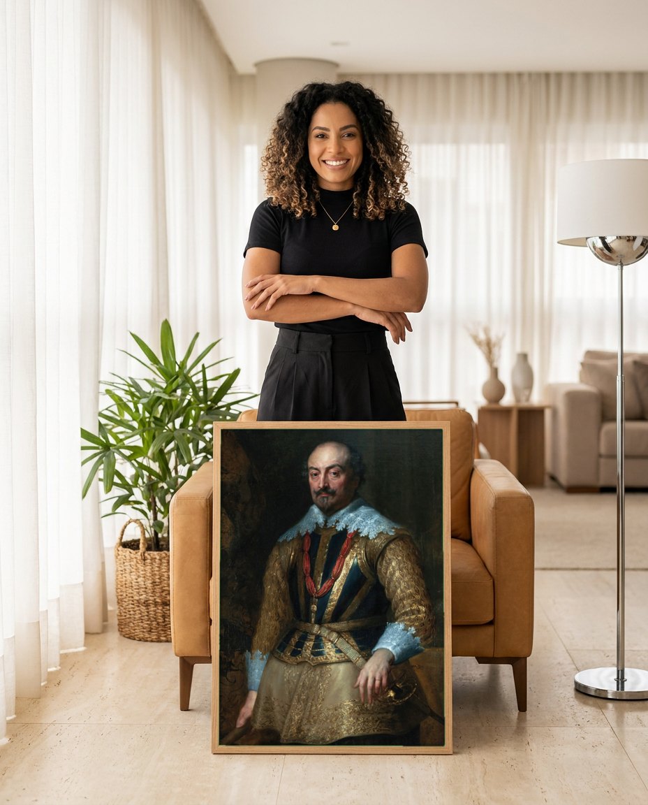 Quadro Decorativo Retrato de Baldassare Castiglione - Van Dyck | modelo apresentando o quadro emoldurado