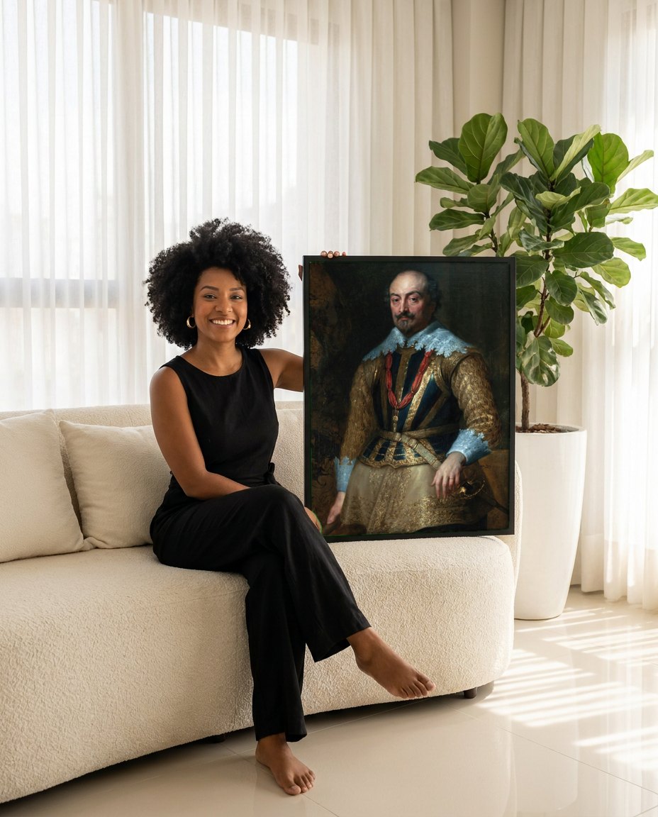 Quadro Decorativo Retrato de Baldassare Castiglione - Van Dyck | modelo apresentando o quadro emoldurado