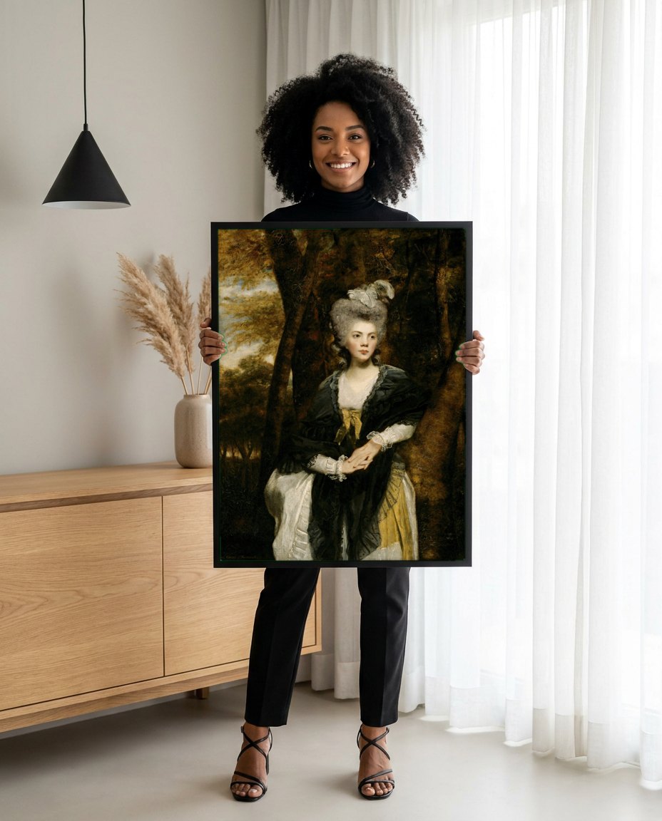 Quadro Decorativo Senhora com Chapéu de Pena - Sir Joshua Reynolds | modelo apresentando o quadro emoldurado