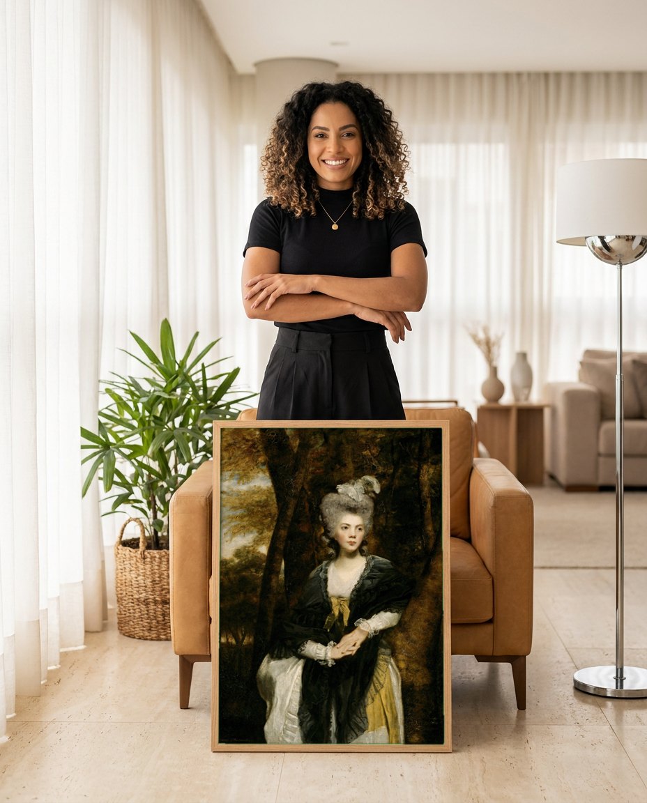 Quadro Decorativo Senhora com Chapéu de Pena - Sir Joshua Reynolds | modelo apresentando o quadro emoldurado