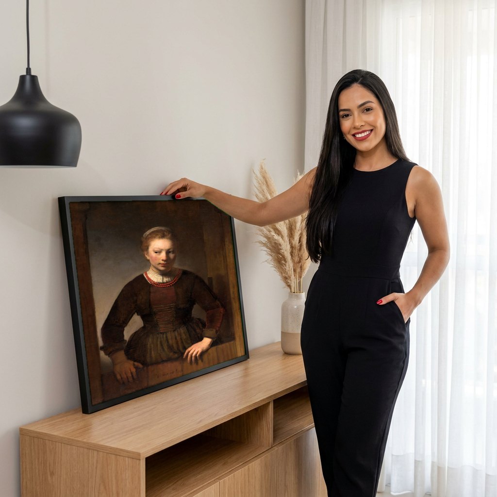 Quadro Decorativo A Jovem de Vermelho - Rembrandt | modelo apresentando o quadro emoldurado