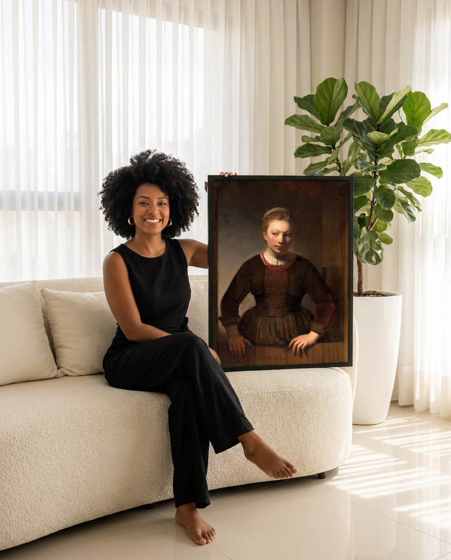 Quadro Decorativo A Jovem de Vermelho - Rembrandt | modelo apresentando o quadro emoldurado