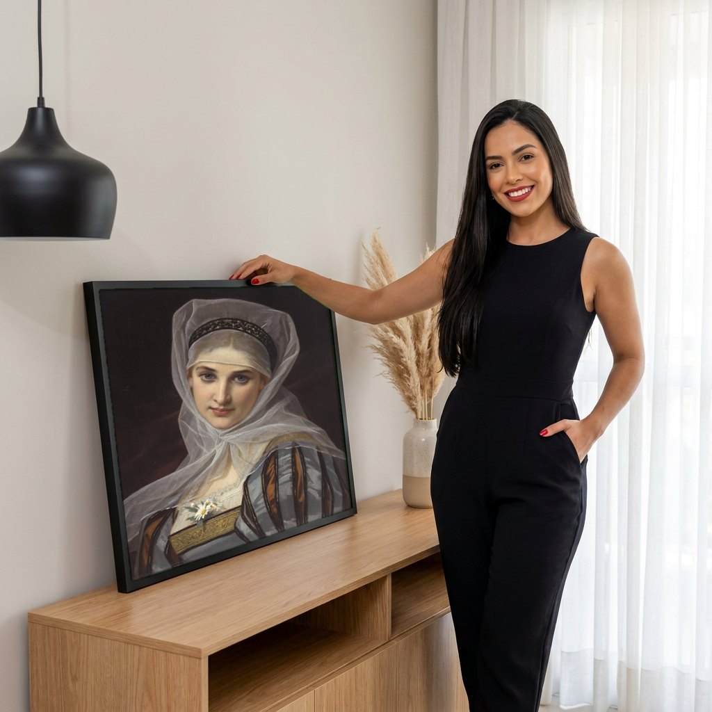 Quadro Decorativo A Jovem Dama - Hugues Merle | modelo apresentando o quadro emoldurado