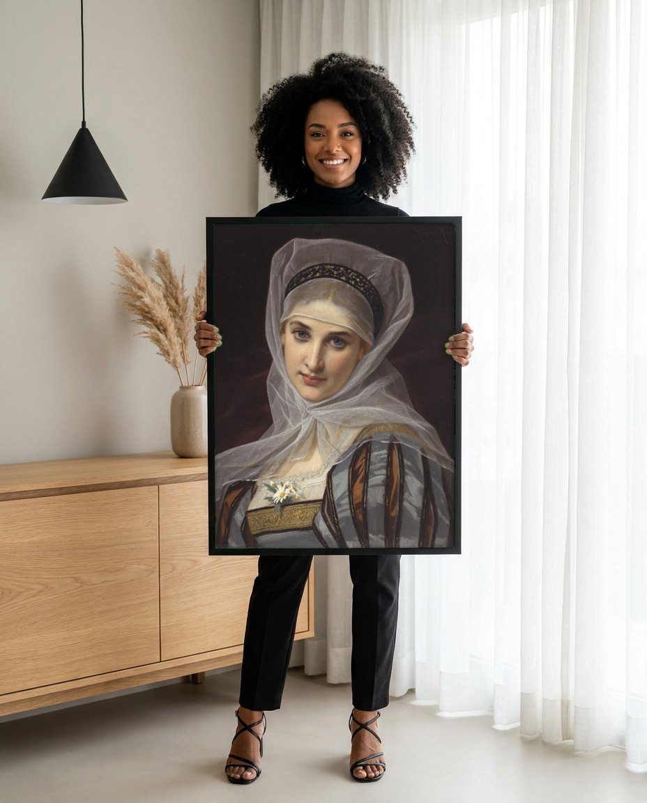 Quadro Decorativo A Jovem Dama - Hugues Merle | modelo apresentando o quadro emoldurado