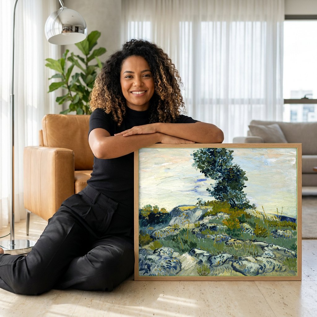 Quadro Decorativo A Montanha de Saint-Rémy - Van Gogh | modelo apresentando o quadro emoldurado