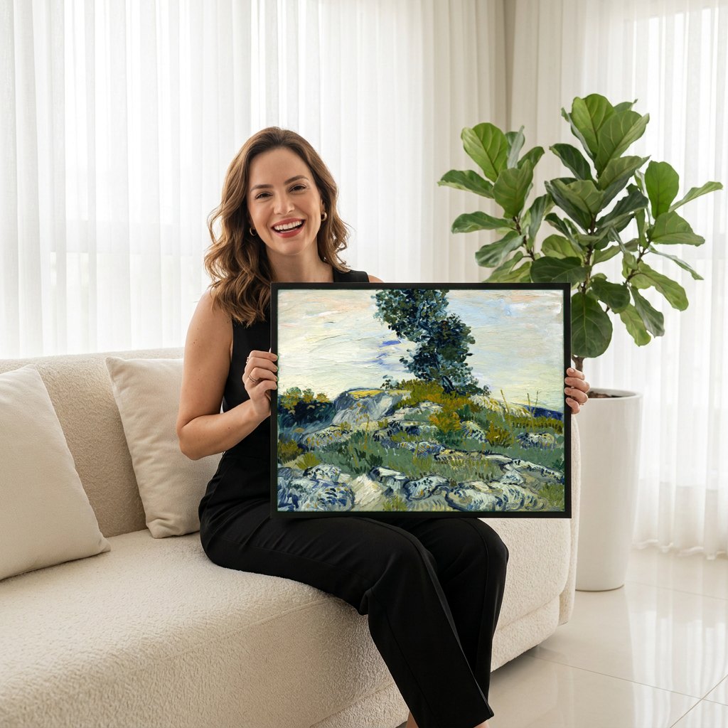 Quadro Decorativo A Montanha de Saint-Rémy - Van Gogh | modelo apresentando o quadro emoldurado