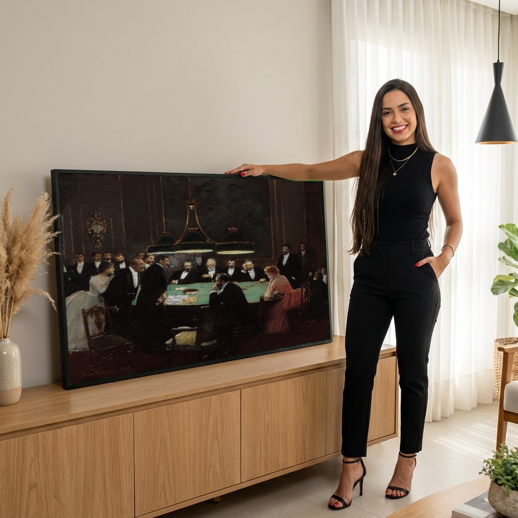 Quadro Decorativo A Mesa de Jogo - Jean Béraud | modelo apresentando o quadro emoldurado