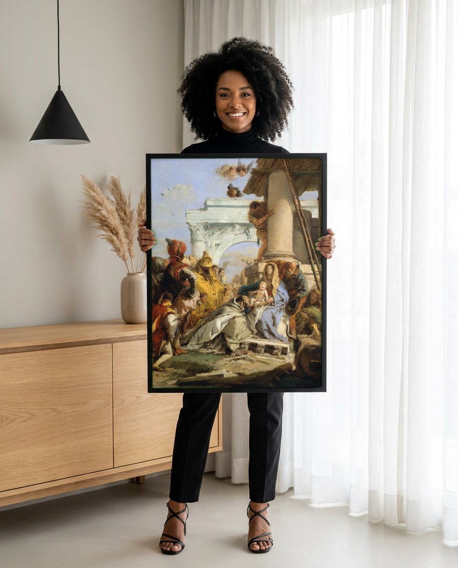 Quadro Decorativo Adoração dos Magos - Tiepolo | modelo apresentando o quadro emoldurado