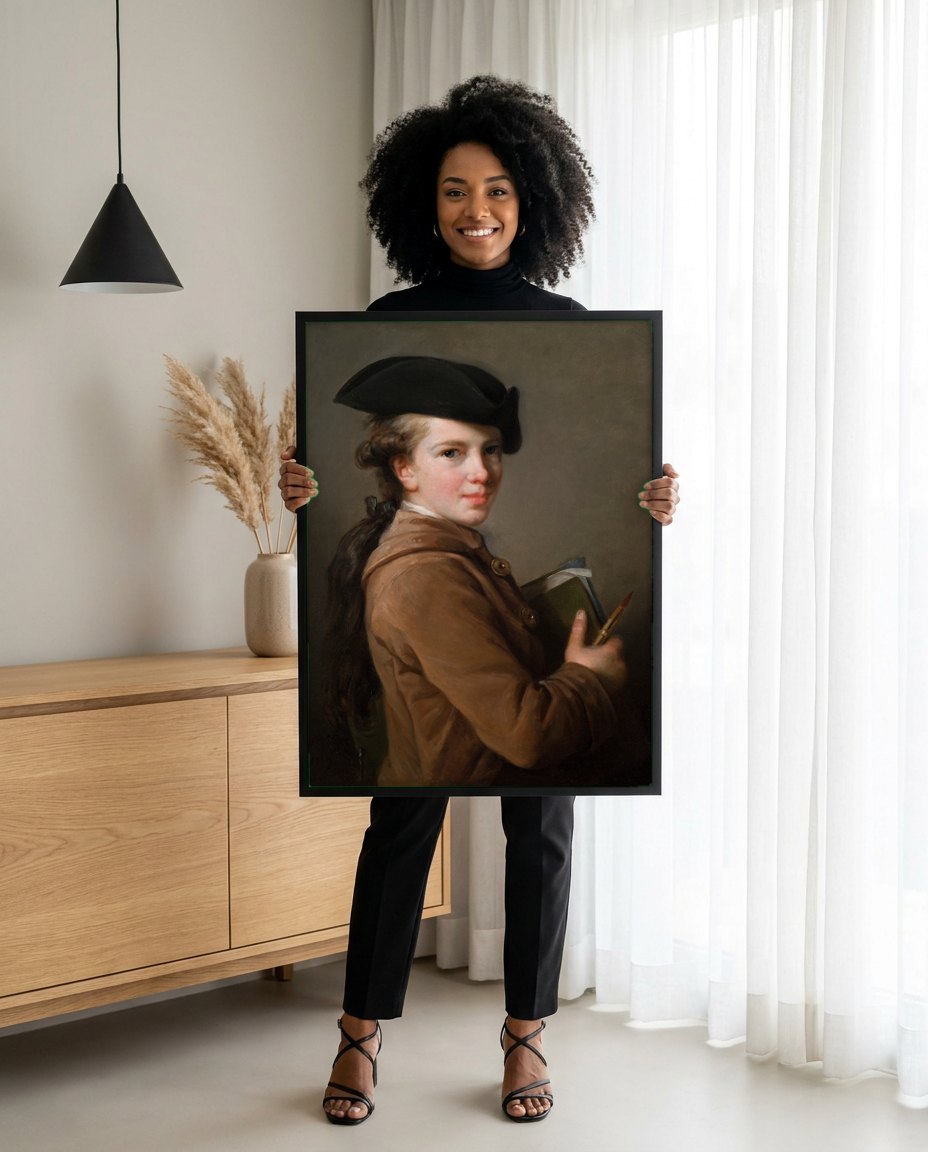 Quadro Decorativo Autorretrato com Chapéu - Vigée Le Brun | modelo apresentando o quadro emoldurado