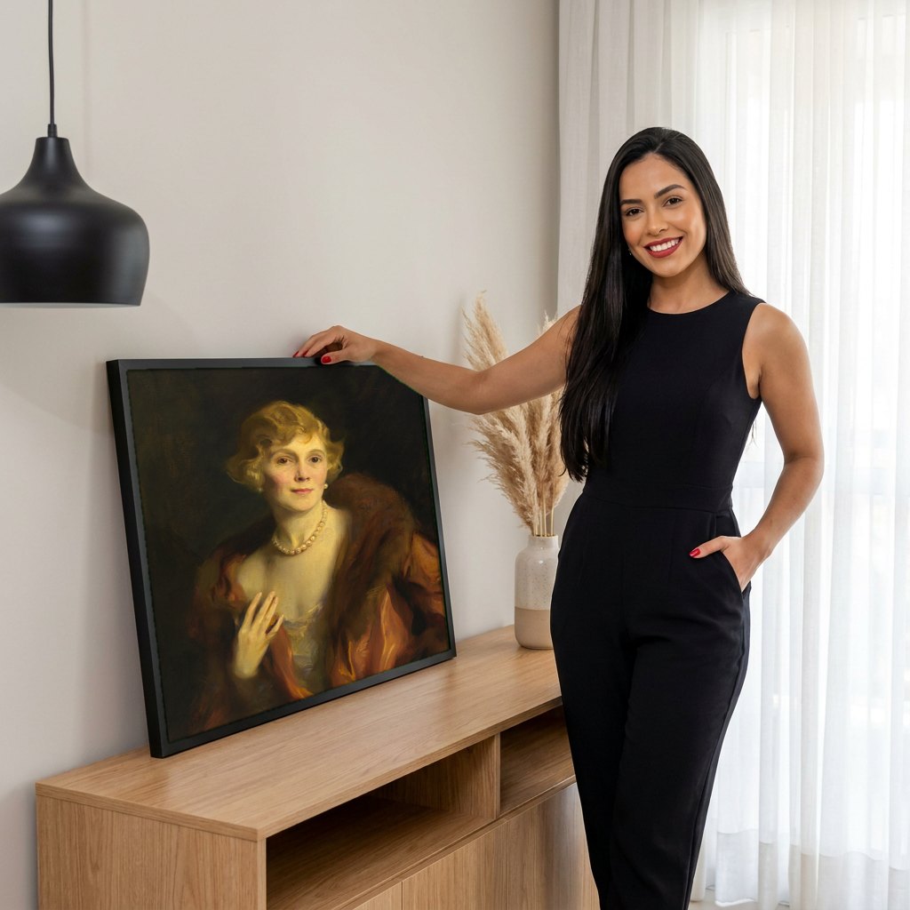 Quadro Decorativo Retrato de Dama com Pérolas - Philip Alexius de László | modelo apresentando o quadro emoldurado