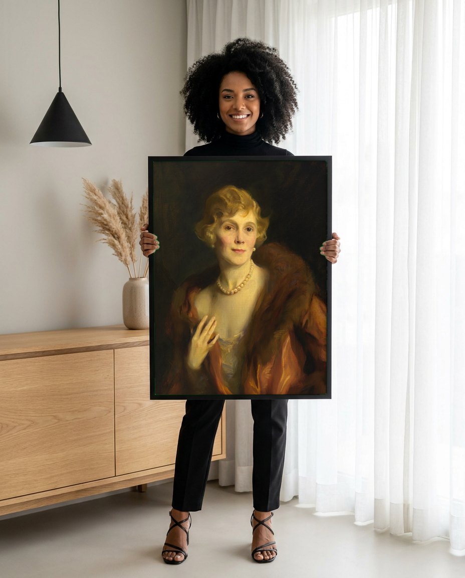 Quadro Decorativo Retrato de Dama com Pérolas - Philip Alexius de László | modelo apresentando o quadro emoldurado