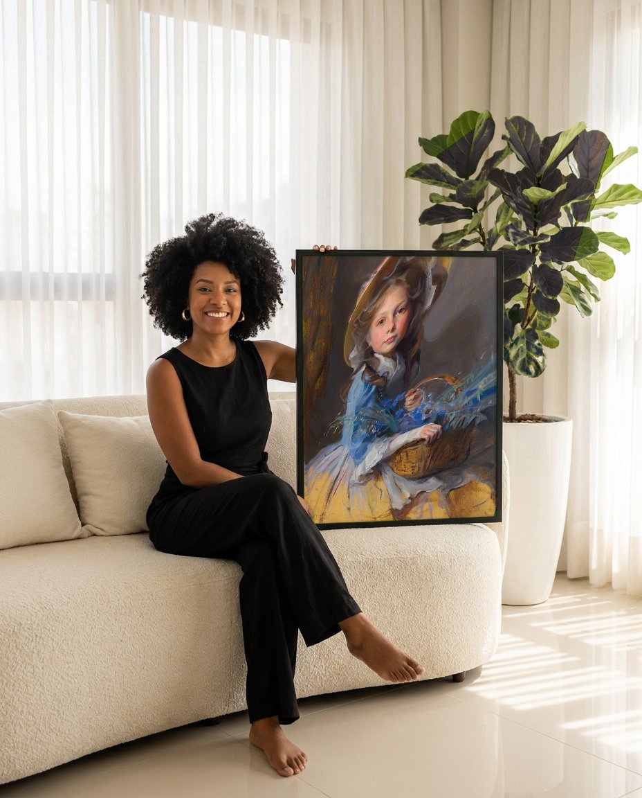 Quadro Decorativo Criança com Cesta de Flores - Philip de László com modelo em ambiente