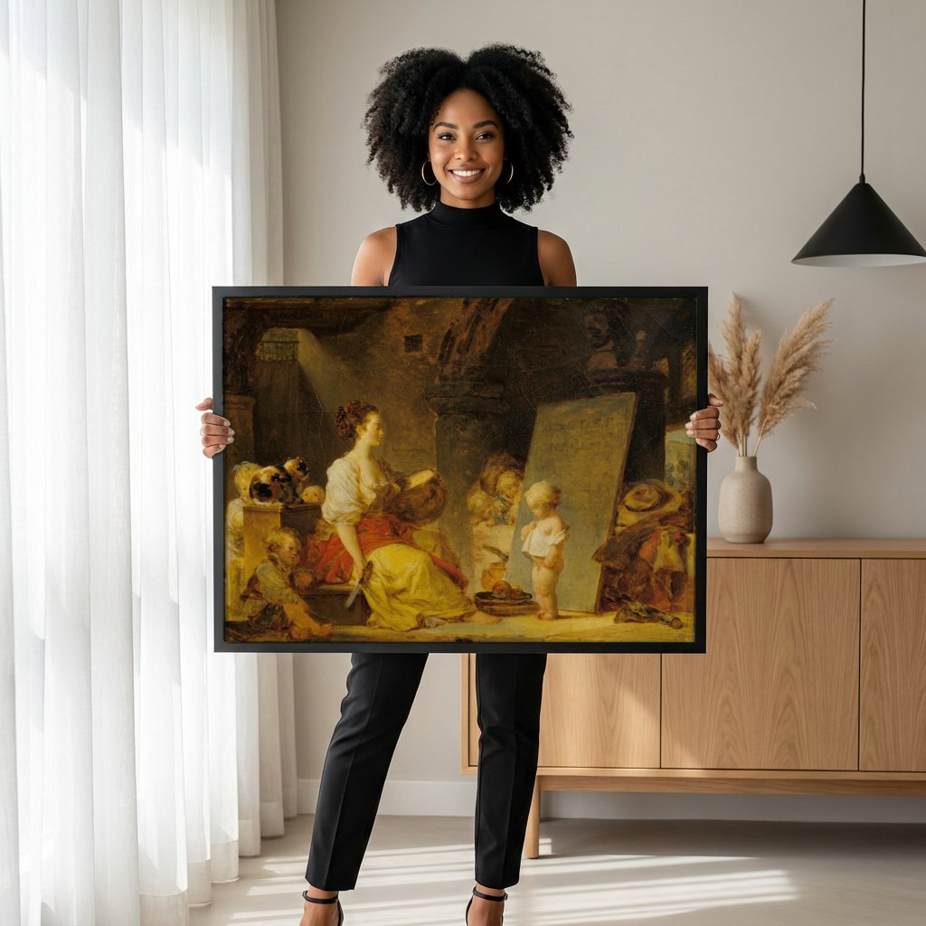 Quadro Decorativo A Escola - Jean Honoré Fragonard com modelo em ambiente