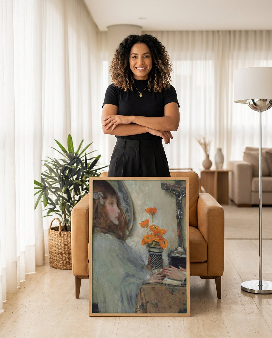 Quadro Decorativo A Menina e o Vaso de Flores - James Jebusa Shannon com modelo em ambiente