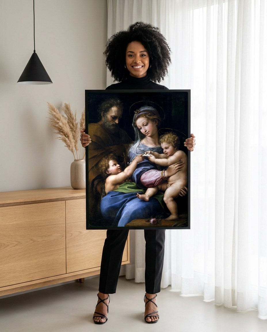 Quadro Decorativo A Sagrada Família de Francisco I - Raphael com modelo em ambiente