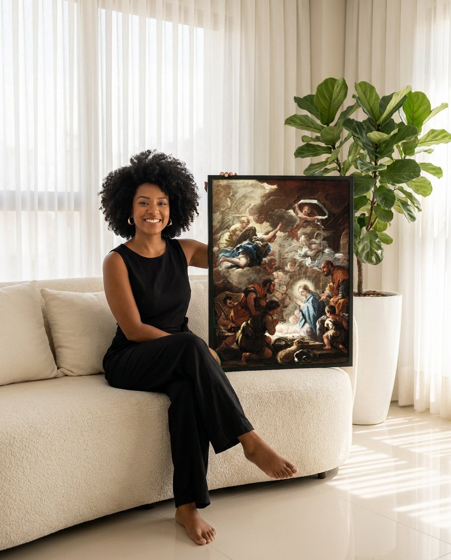 Quadro Decorativo A Adoração dos Pastores - Luca Giordano | modelo apresentando o quadro emoldurado