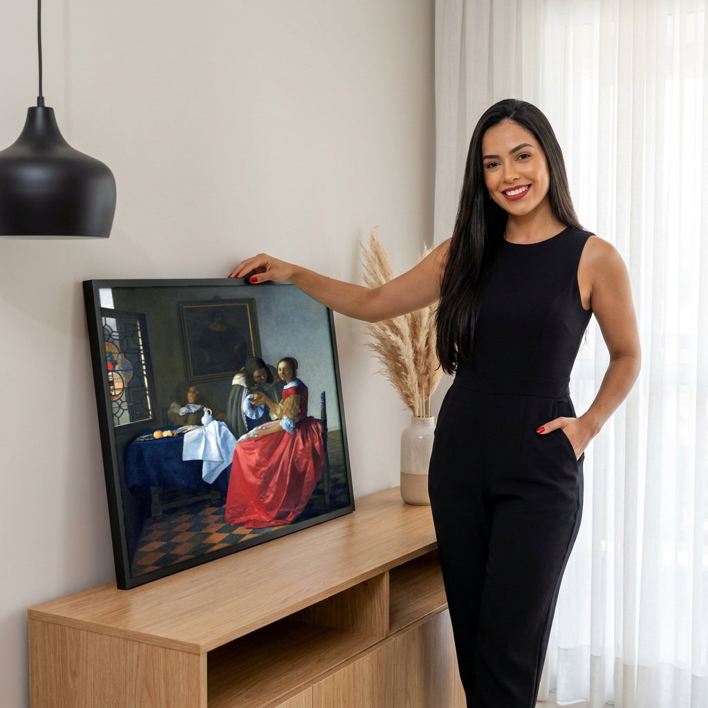 Quadro Decorativo A Taça de Vinho - Vermeer | modelo apresentando o quadro emoldurado
