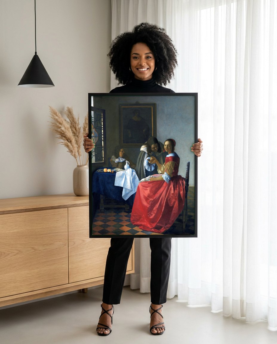 Quadro Decorativo A Taça de Vinho - Vermeer | modelo apresentando o quadro emoldurado