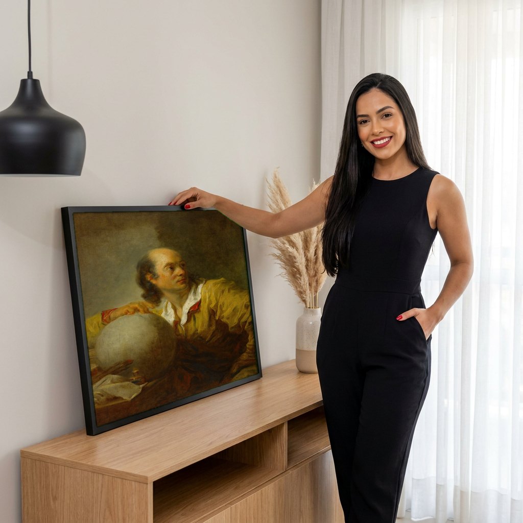 Quadro Decorativo O Filósofo (Retrato de Diderot?) - Fragonard | modelo apresentando o quadro emoldurado