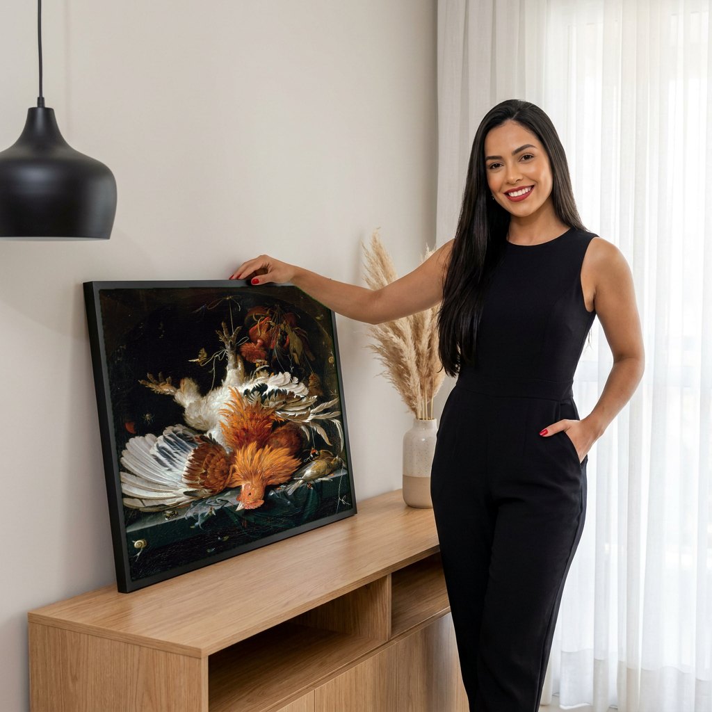 Quadro Decorativo Natureza-morta com Aves de Caça - Abraham Mignon | modelo apresentando o quadro emoldurado