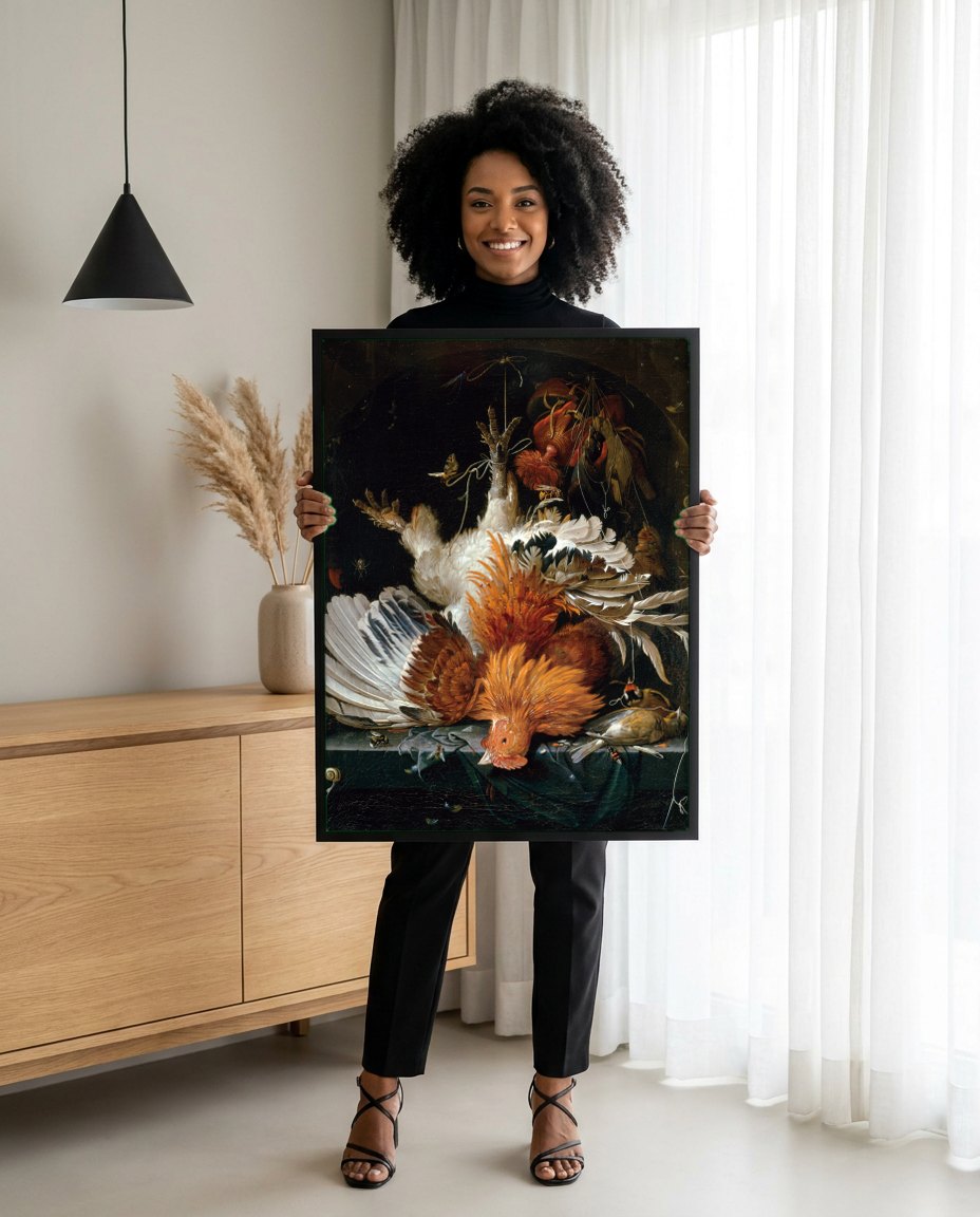 Quadro Decorativo Natureza-morta com Aves de Caça - Abraham Mignon | modelo apresentando o quadro emoldurado