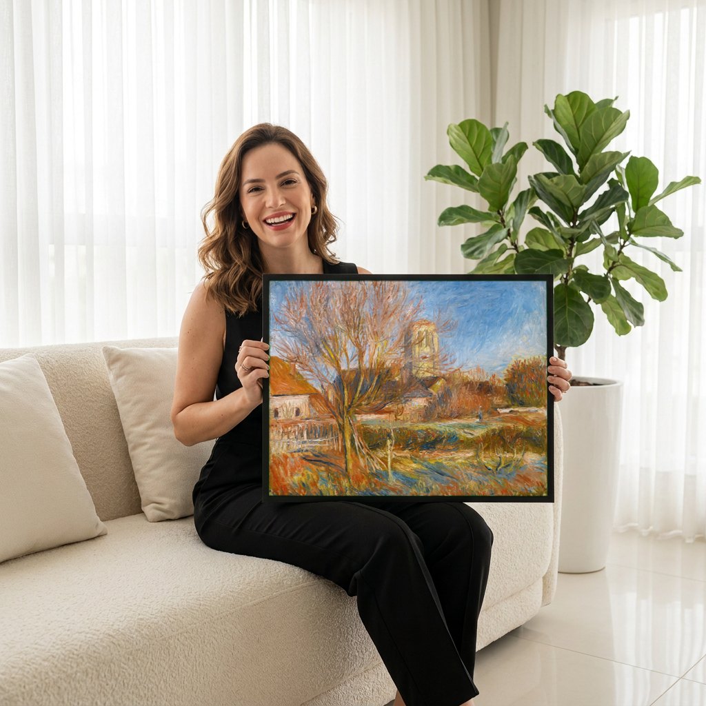 Quadro Decorativo Paisagem com Igreja - Renoir | modelo apresentando o quadro emoldurado