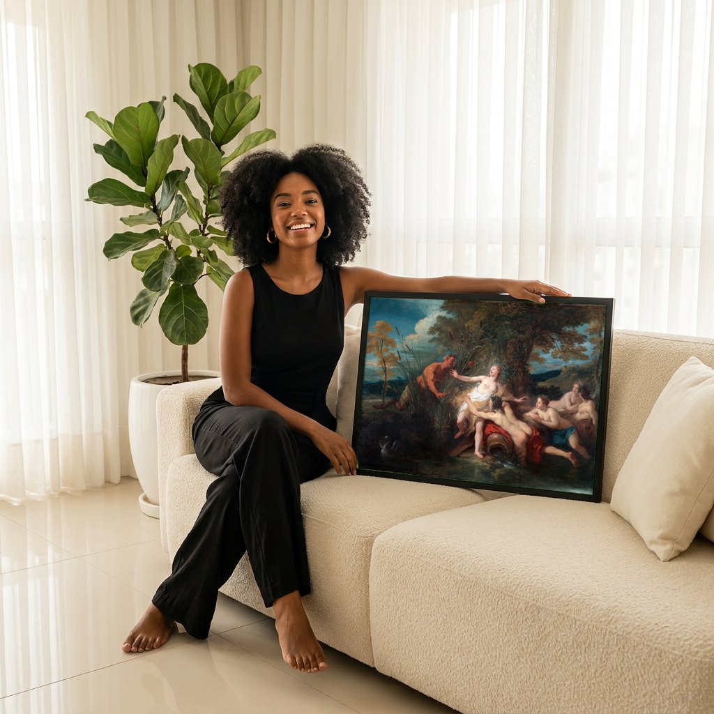 Quadro Decorativo A Surpresa de Céfalo e Procris - Jean François de Troy | modelo apresentando o quadro emoldurado