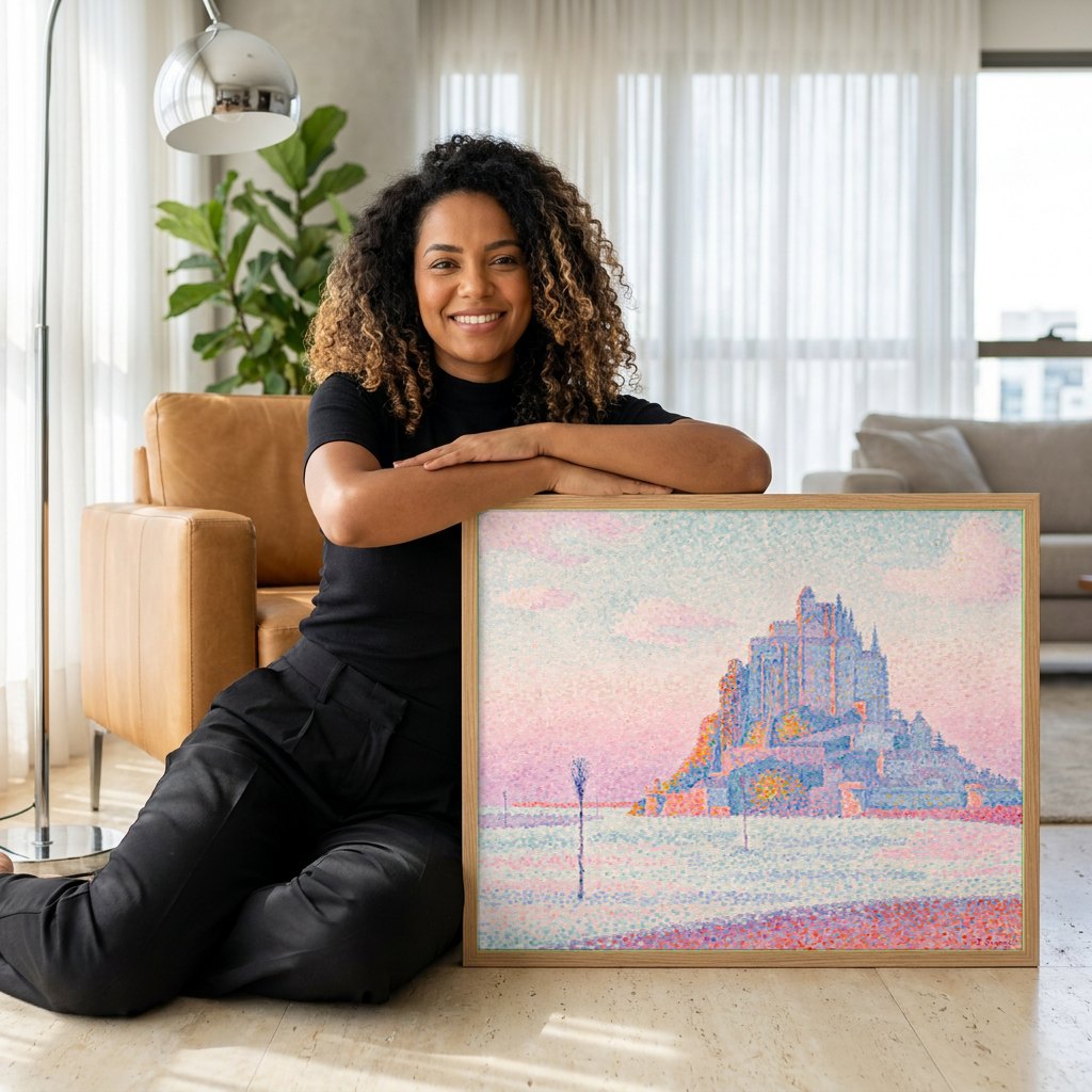 Quadro Decorativo Mont Saint-Michel ao Entardecer - Signac | modelo apresentando o quadro emoldurado