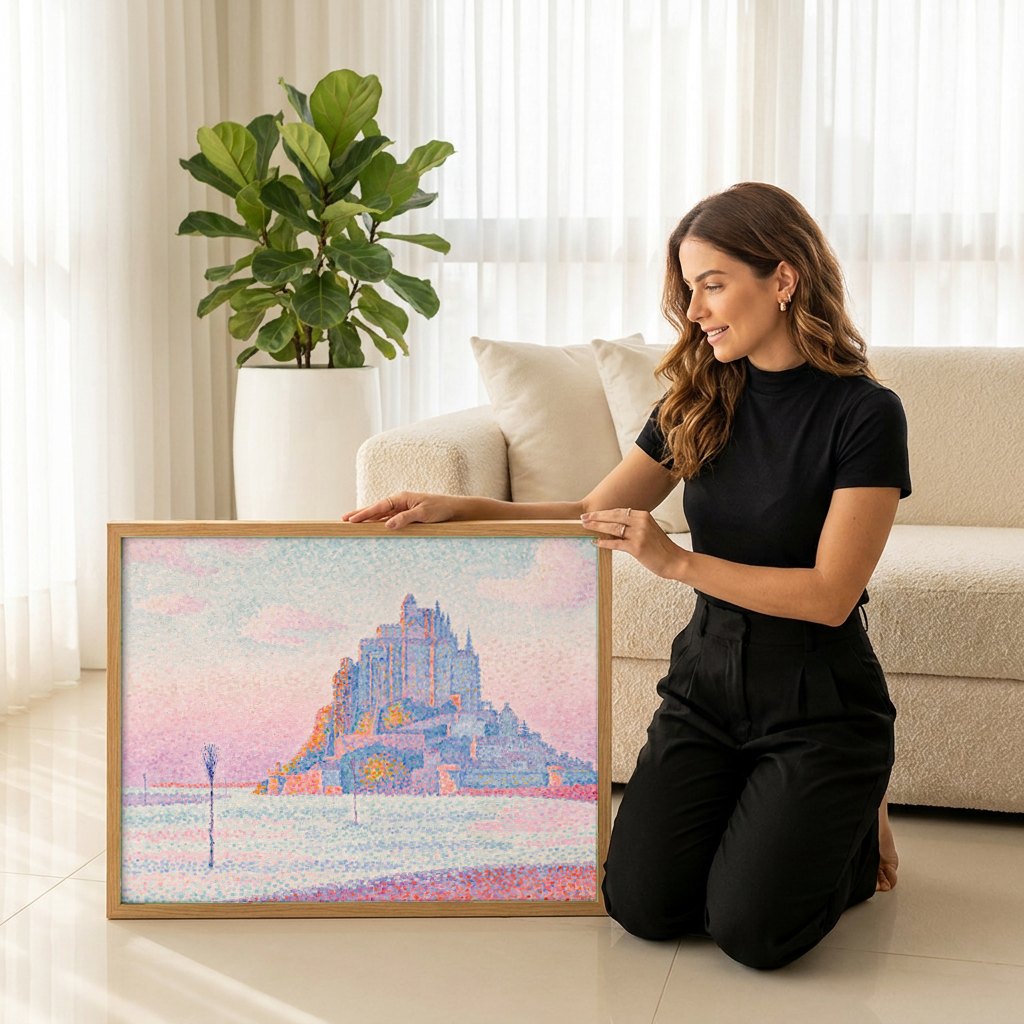Quadro Decorativo Mont Saint-Michel ao Entardecer - Signac | modelo apresentando o quadro emoldurado