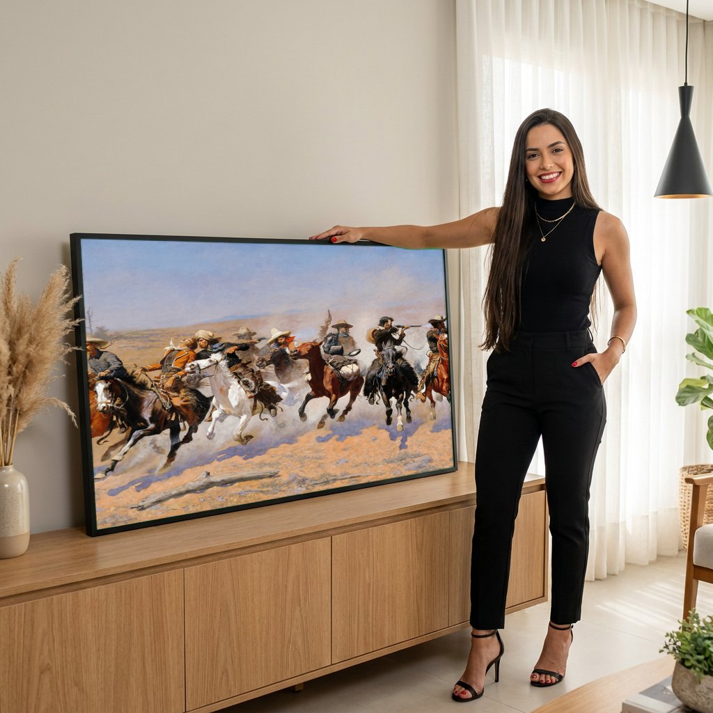 Quadro Decorativo A Fuga do Cowboy - Frederic Remington | modelo apresentando o quadro emoldurado