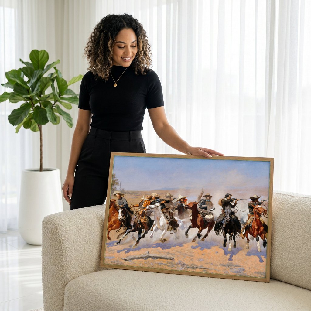 Quadro Decorativo A Fuga do Cowboy - Frederic Remington | modelo apresentando o quadro emoldurado