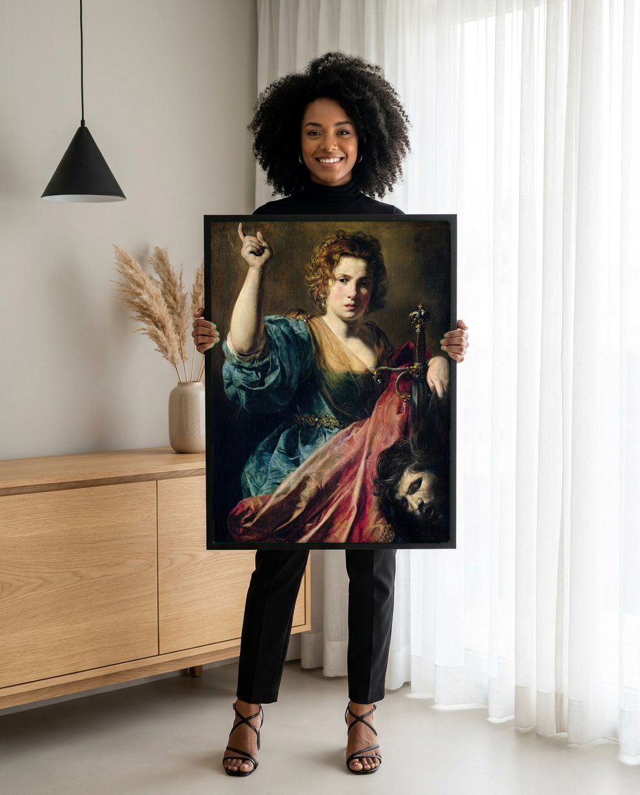 Quadro Decorativo Judite com a Cabeça de Holofernes - Valentin de Boulogne | modelo apresentando o quadro emoldurado