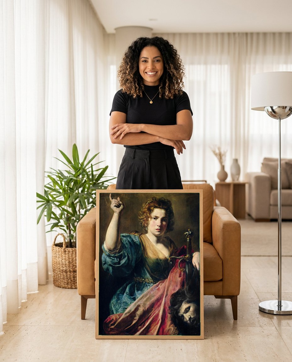 Quadro Decorativo Judite com a Cabeça de Holofernes - Valentin de Boulogne | modelo apresentando o quadro emoldurado