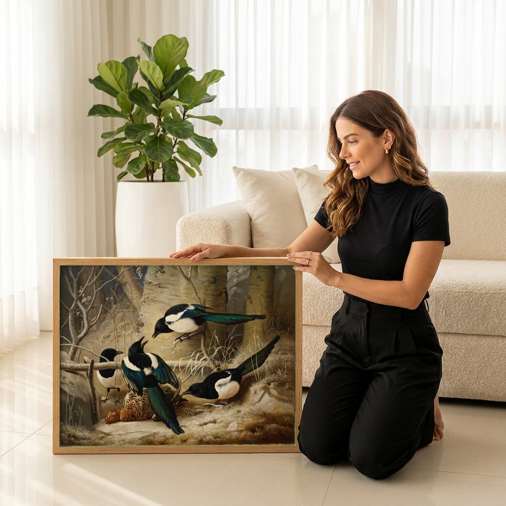Quadro Decorativo Pássaros no Inverno - Ferdinand von Wright | modelo apresentando o quadro emoldurado