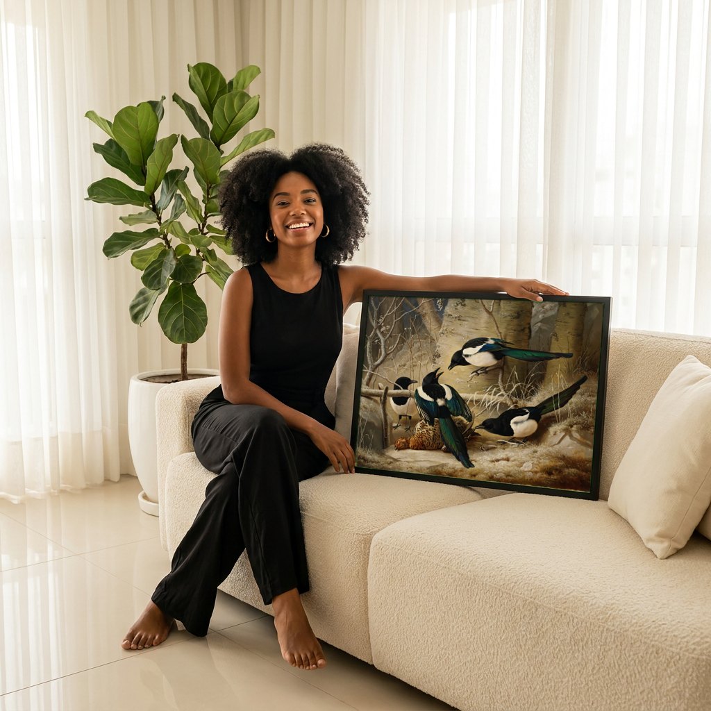 Quadro Decorativo Pássaros no Inverno - Ferdinand von Wright | modelo apresentando o quadro emoldurado