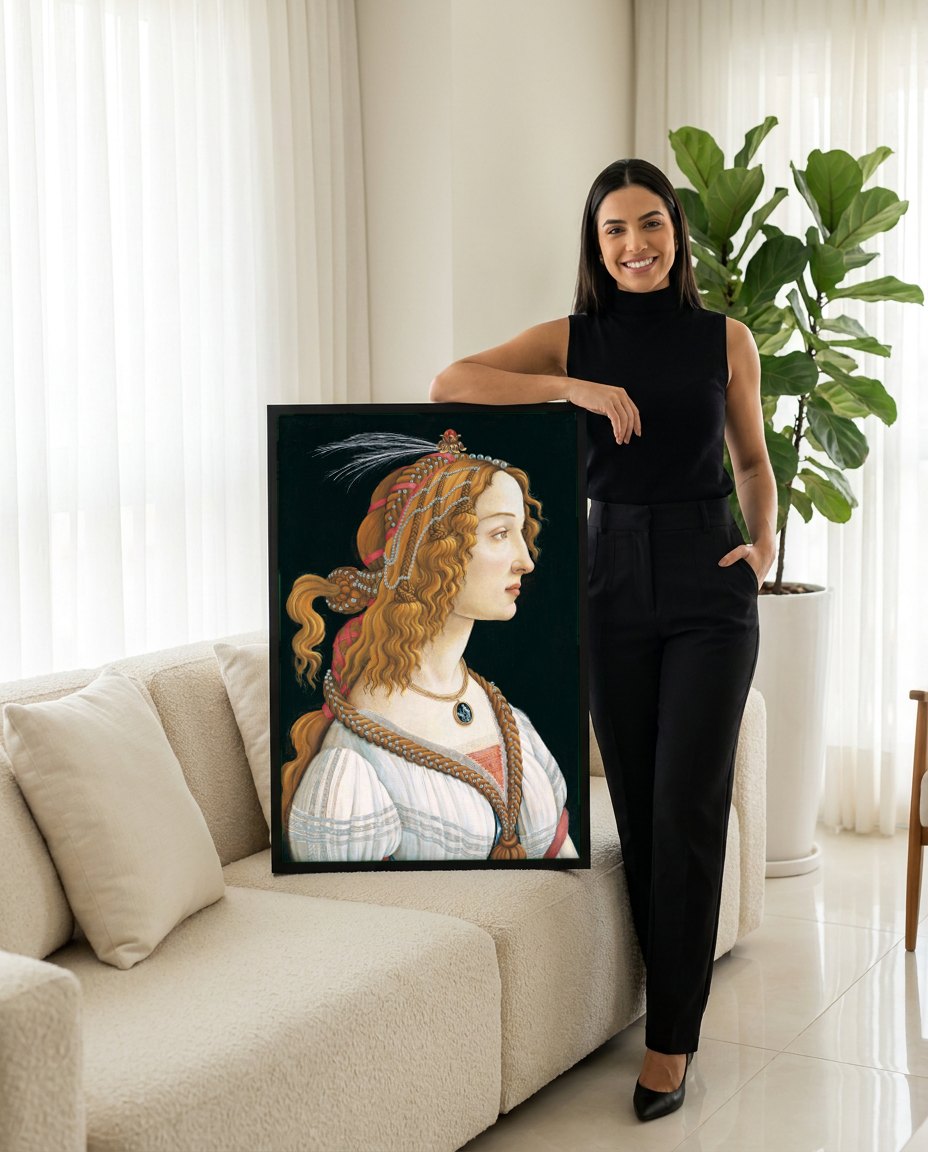 Quadro Decorativo Retrato de Jovem Mulher - Botticelli | modelo apresentando o quadro emoldurado