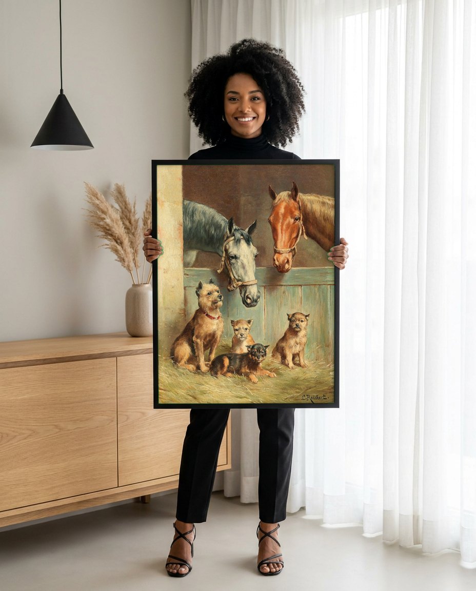 Quadro Decorativo Cães e Cavalos - Carl Reichert | modelo apresentando o quadro emoldurado