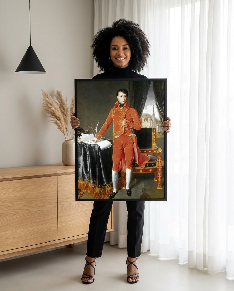Quadro Decorativo Napoleão em Traje de Gala - Ingres com modelo em ambiente