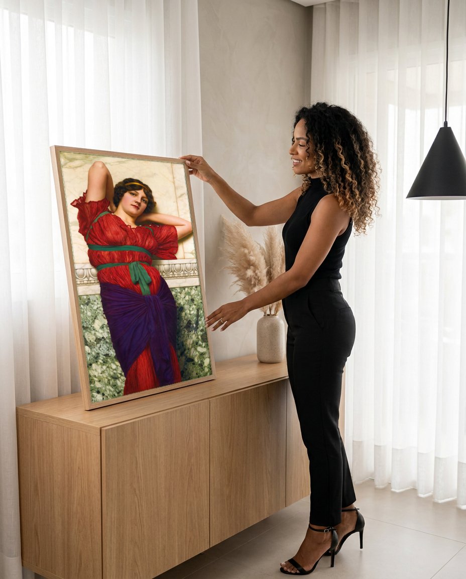 Quadro Decorativo A beleza Clássica de Godward - John William Godward com modelo em ambiente