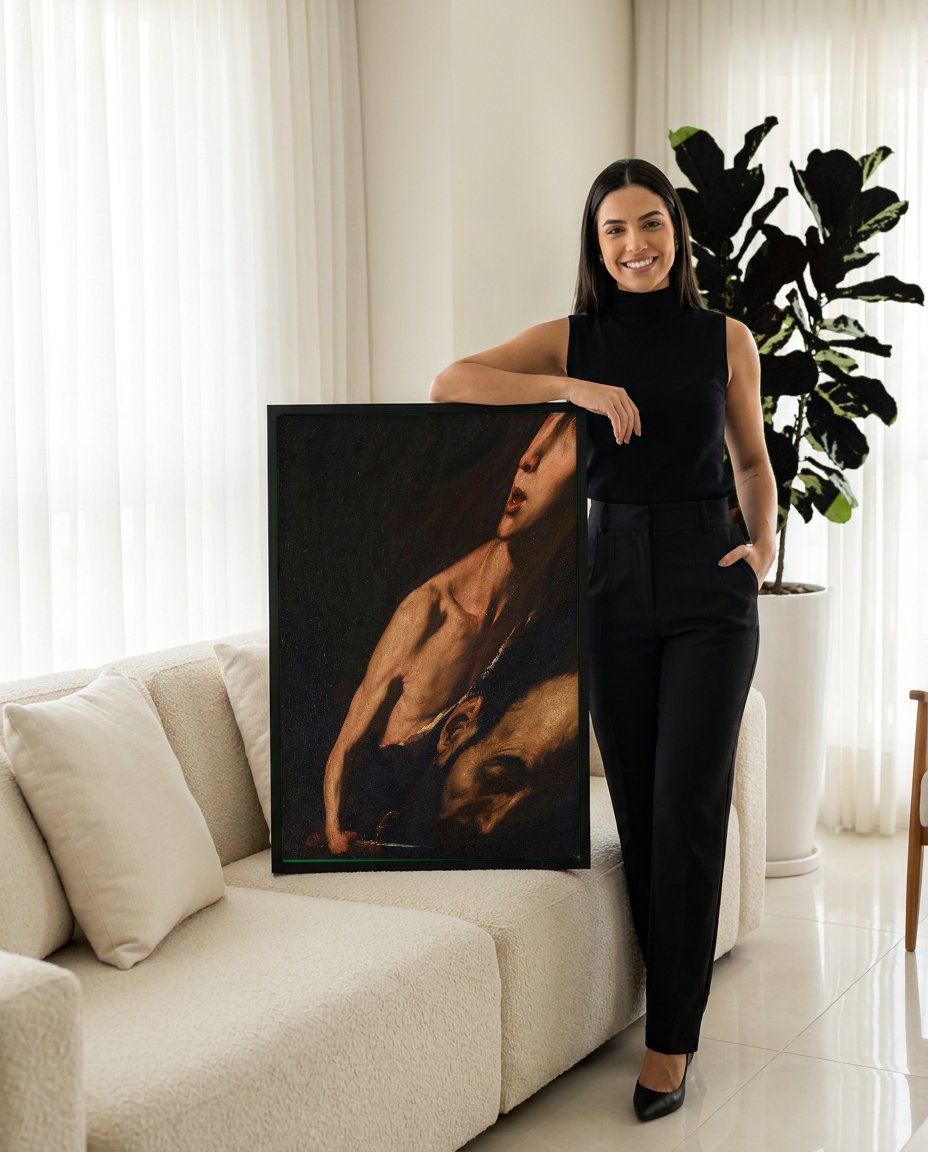 Quadro Decorativo Davi com a Cabeça de Golias - Jusepe de Ribera com modelo em ambiente
